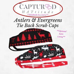 Mens Tie Back Scrub Cap Antlers & Evergreens - Handmade